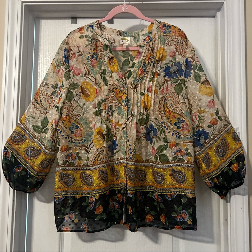Fig and Flower Multicolor Paisley Peasant Boho Blouse, XL - Picture 2 of 13